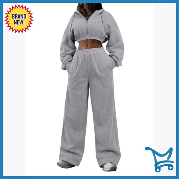 Large Slim Fit Cropped Hoodie Sweatpants Set Lightweight Polyester Activewear - Picture 3 of 6